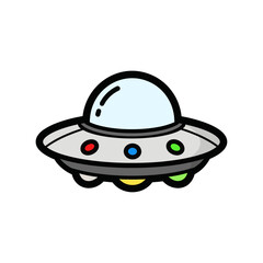 Fototapeta premium Cartoon flying saucer with colorful lights, isolated on white background
