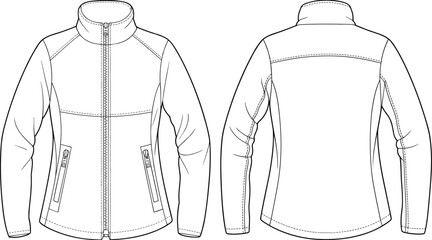 Activewear Sport Jacket Technical Flat Sketch, Softshell Windbreaker Vector Illustration, Front and Back View CAD for Athletic Tech Pack © MSTAYESHASIDDIKA