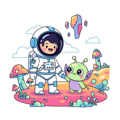Naklejka premium Cute astronaut and alien friends on a colorful alien planet with mushrooms and floating rocks