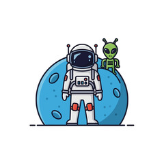 Fototapeta premium Astronaut and Alien on Moon, Space Exploration, Sci-Fi Illustration