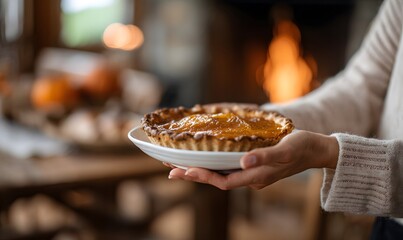 Close-up of hands passing a plate of pumpkin pie across a rustic wooden table, soft bokeh background of a fireplace