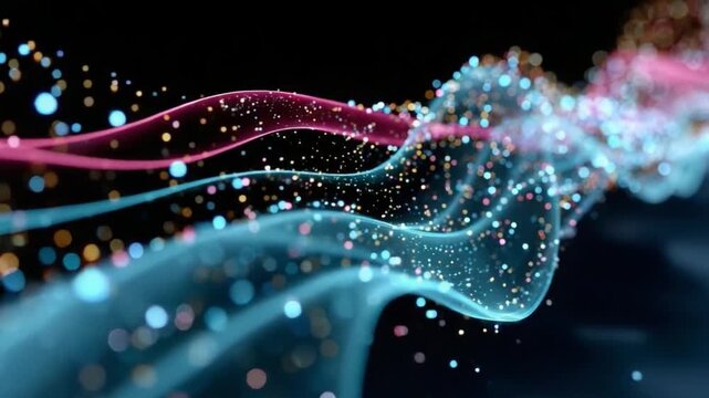 Abstract Digital Flow: A vibrant display of digital particles forms an ethereal, flowing design, capturing the essence of interconnected data streams in a dynamic visual.