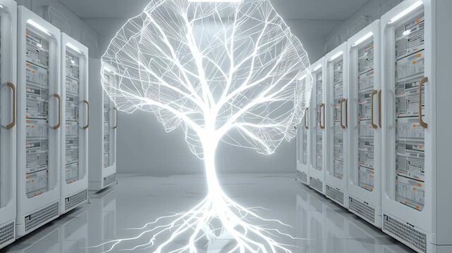 In a cutting-edge data center, an ethereal tree of light springs from the floor, intertwining with high-tech server units. The glowing roots signify the fusion of nature and technology