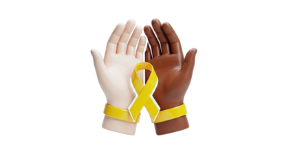 Hands of Different Skin Tones Embracing Yellow Ribbon