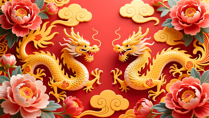 Magnificent background with dragon phoenix and peony patterns