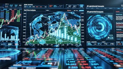 A futuristic digital dashboard displaying various graphs, charts, and data visualizations on multiple screens, with a world map and keyboard in the background - Powered by Adobe