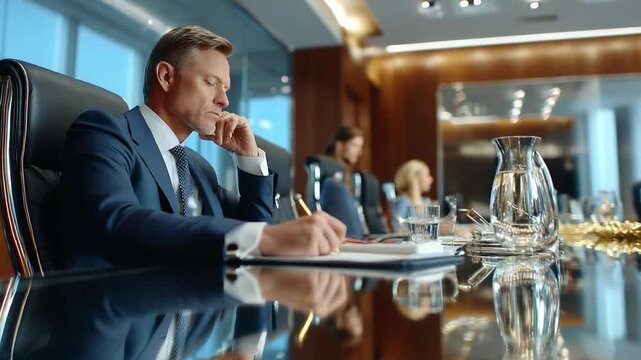 Boardroom Decision: A composed executive, immersed in thought, meticulously scribbles in a notebook during a crucial meeting.