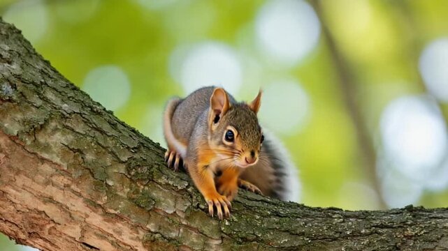 Cute squirrel perched on tree branch in forest