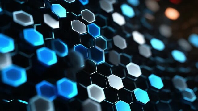 Hexagonal Abstraction of Technological Innovation: This image reveals a complex network of illuminated, interconnected hexagons, symbolizing the intricate nature of innovation and technology.