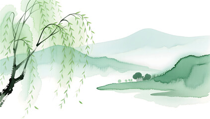 Oriental ink wash painting of spring willow and distant mountains
