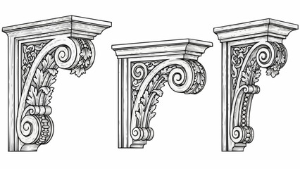 Ornate Architectural Corbel Brackets with Scrollwork and Acanthus Leaves. © Reva