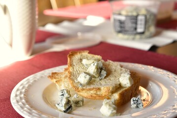 Break time-Blue Cheese on Toast on White Plate.