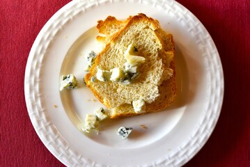 Break time-Blue Cheese on Toast on White Plate.