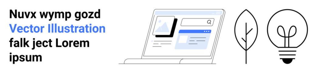 Web design, user interface, creativity, innovation, eco-friendliness, sustainable technology. Laptop with web interface and simple icons of a leaf and lightbulb. Web design and creativity © robu_s