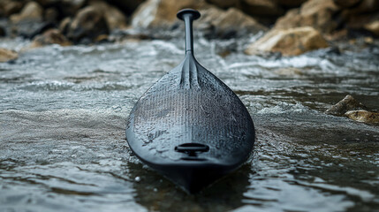 Carbon fiber kayak paddle for water sports enthusiasts on a river with rocks in the background with outdoor adventure and sports equipment and leisure activity and hobby gear and nature