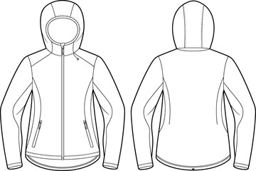 Women's Performance Fleece Hoodie Technical Flat Sketch, Full Zip Activewear Jacket Vector Template, Front and Back View Fashion Design Illustration © MSTAYESHASIDDIKA
