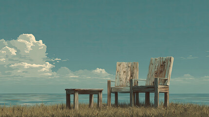 Seaside Retreat: Rustic Chairs and Serene Coastal Landscape