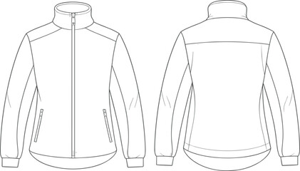 Women's Technical Zip-up Fleece Jacket Flat Sketch, Long Sleeve Sporty Outerwear Vector Template with Pockets, Front and Back View Illustration © MSTAYESHASIDDIKA