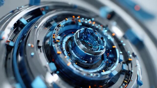 Dynamic Cybernetic Core: A close-up view unveils a mesmerizing cybernetic core, a symphony of polished metal, intricate circuits, and a vibrant fusion of cool blues and hints of orange.