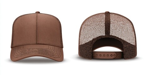Brown trucker cap front and back views, showing fabric and mesh