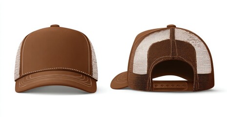 Brown trucker cap mockup front & back views, white mesh