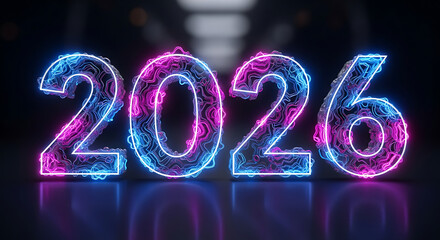 Futuristic neon glowing 2026 numbers