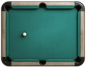 Top view of green pool table with one white ball near the center