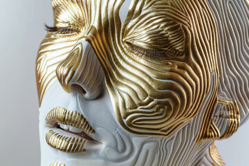 A beautiful woman, with shiny white and gold skin, strikes a fashionable pose against a background, embodying a futuristic fashion style.