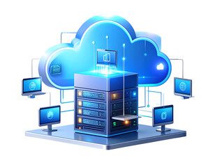 A vibrant illustration of cloud computing infrastructure with a central server rack connected to a glowing cloud and multiple client devices.