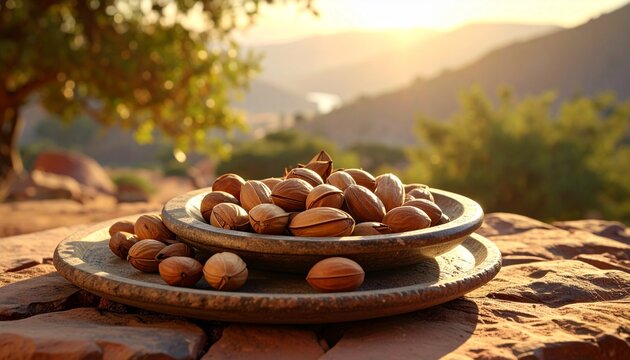 Close-up shot of a bowl of argan nuts on a stone surface with a scenic background.