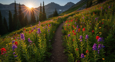 Golden sunburst lights a winding mountain path through a colorful alpine wildflower meadow. AI Generated