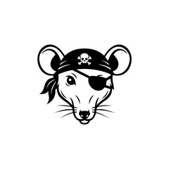 Black and white pirate rat mascot logo featuring eyepatch and skull bandana, bold vector illustration style, animal character design