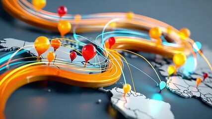 Global Connections: Visualization of worldwide network, featuring interconnected balloons symbolizing global connectivity and data flow across an abstracted map.