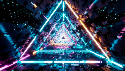 Neon triangle tunnel with glowing geometric particles in cyberspace