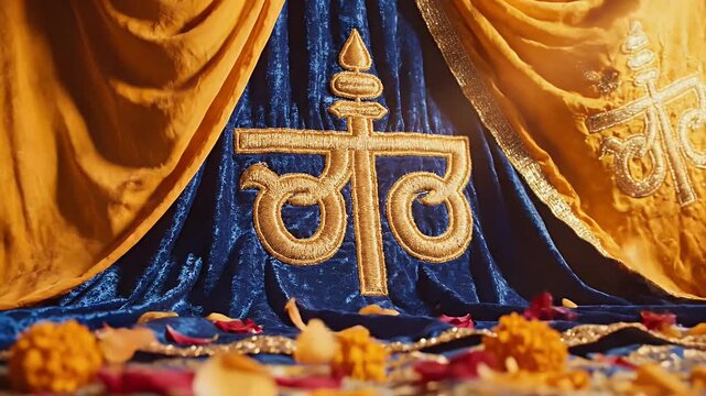 Vaisakhi Khalsa Day background with saffron and blue fabric and Khalsa symbols