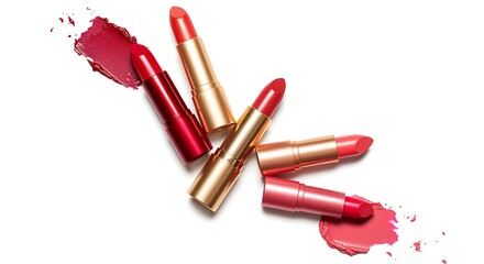 Five lipsticks with red and pink shades on a white background