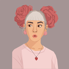 Low Poly Portrait Illustration of a Woman with Floral Hair Buns and Heart Necklace © Anh