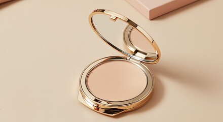 Open gold compact makeup mirror on beige surface with pink box in background