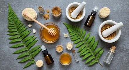 Natural ingredients and tools for making herbal remedies on a gray surface