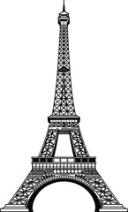 Eiffel Tower detailed silhouette vector illustration, iconic Paris landmark architecture in black and white style for travel, tourism, design projects