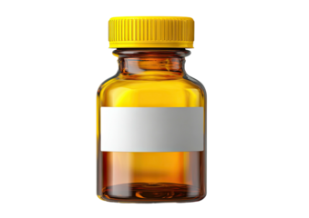 Small amber vial with yellow cap, blank white label, isolated on black