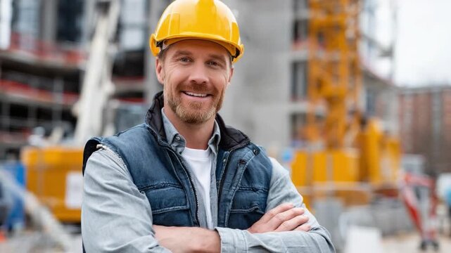 Construction Worker on Site: A confident construction worker with a hard hat stands proudly at a construction site. This image captures dedication and skill in the world of construction.