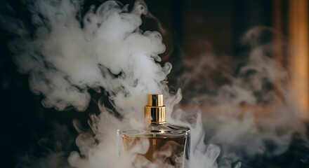 Perfume Bottle with Swirling White Smoke in Dark Background