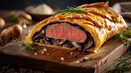 Gourmet Beef Wellington with Flaky Crust and Rich Mushroom Filling on Wooden Cutting Board