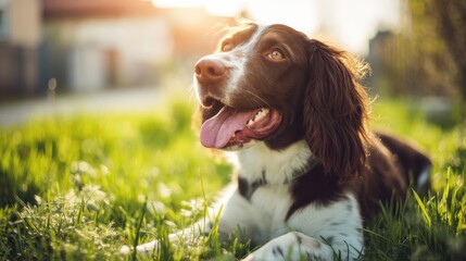Brown Springer Spaniel Sitting Calmly in Fresh Spring Grass with Warm Sunlight in a Serene Outdoor Setting