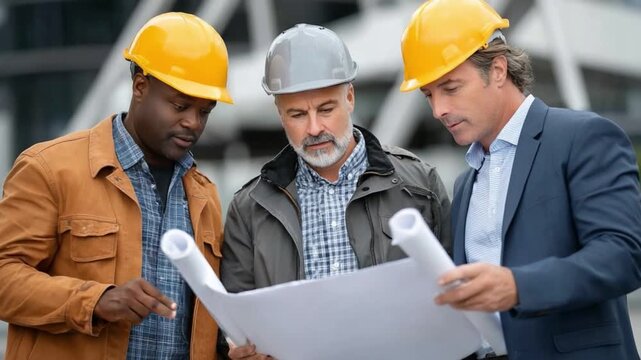 Construction Consultation: A team of construction workers wearing safety helmets analyze blueprints on a construction site, strategizing for the success of their project.