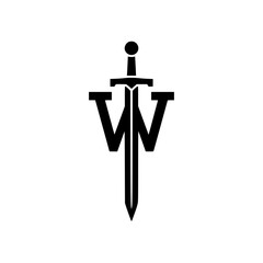 Letter W logo with integrated sword in minimalist black style.