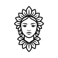Line art illustration of a woman face with leaf crown.