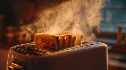 Toast Burning in Toaster with Steam Rising in Cozy Kitchen Setting