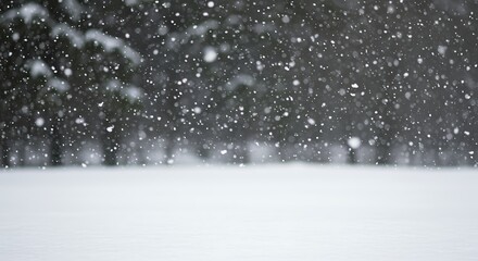Snowfall over a white snowy landscape with dark trees in the background